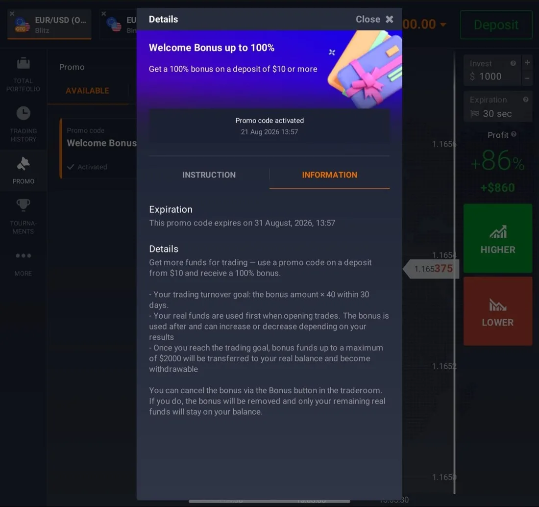 Regras do Welcome Bonus da IQ Option: rollover de 40x em 30 dias, até US$ 2.000