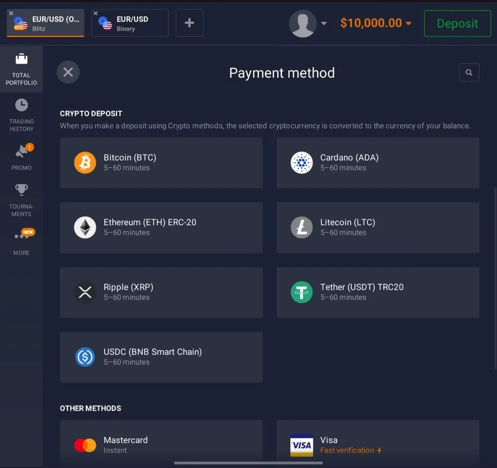 Opções de depósito em criptomoedas na IQ Option: BTC, ETH, USDT, USDC, LTC, XRP, ADA