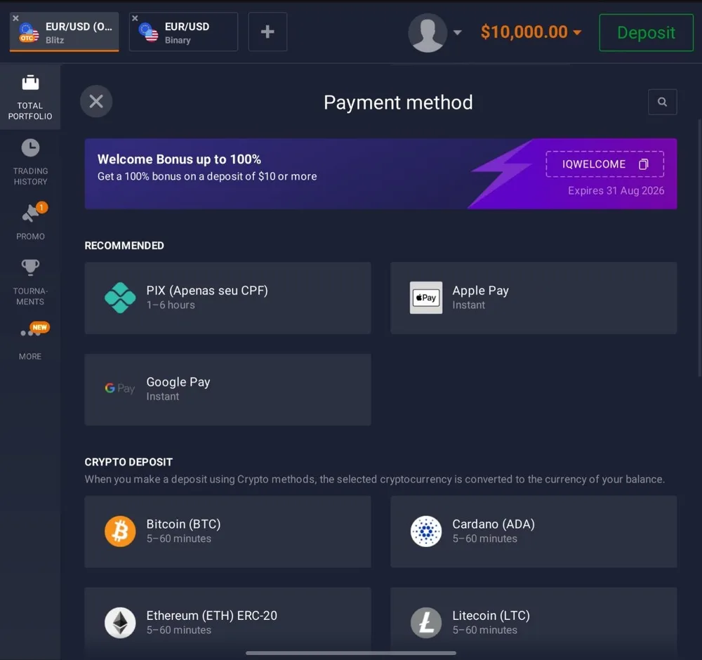 Tela de métodos de pagamento da IQ Option mostrando PIX, Apple Pay e Google Pay