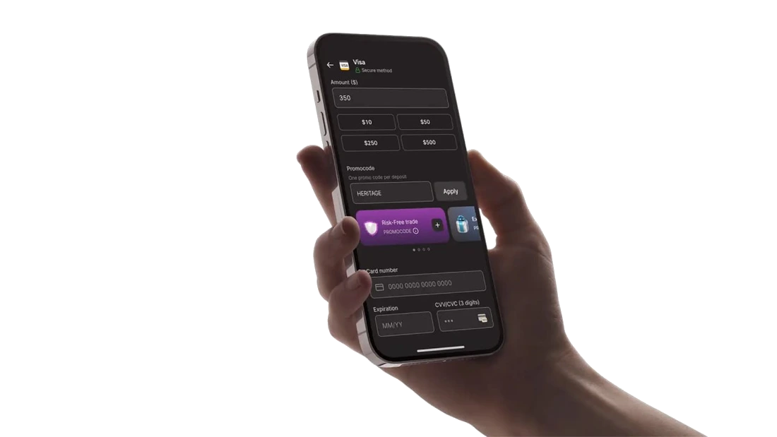 Aplicativo de trading da IQ Option no celular, mostrando gráfico e botões de operação